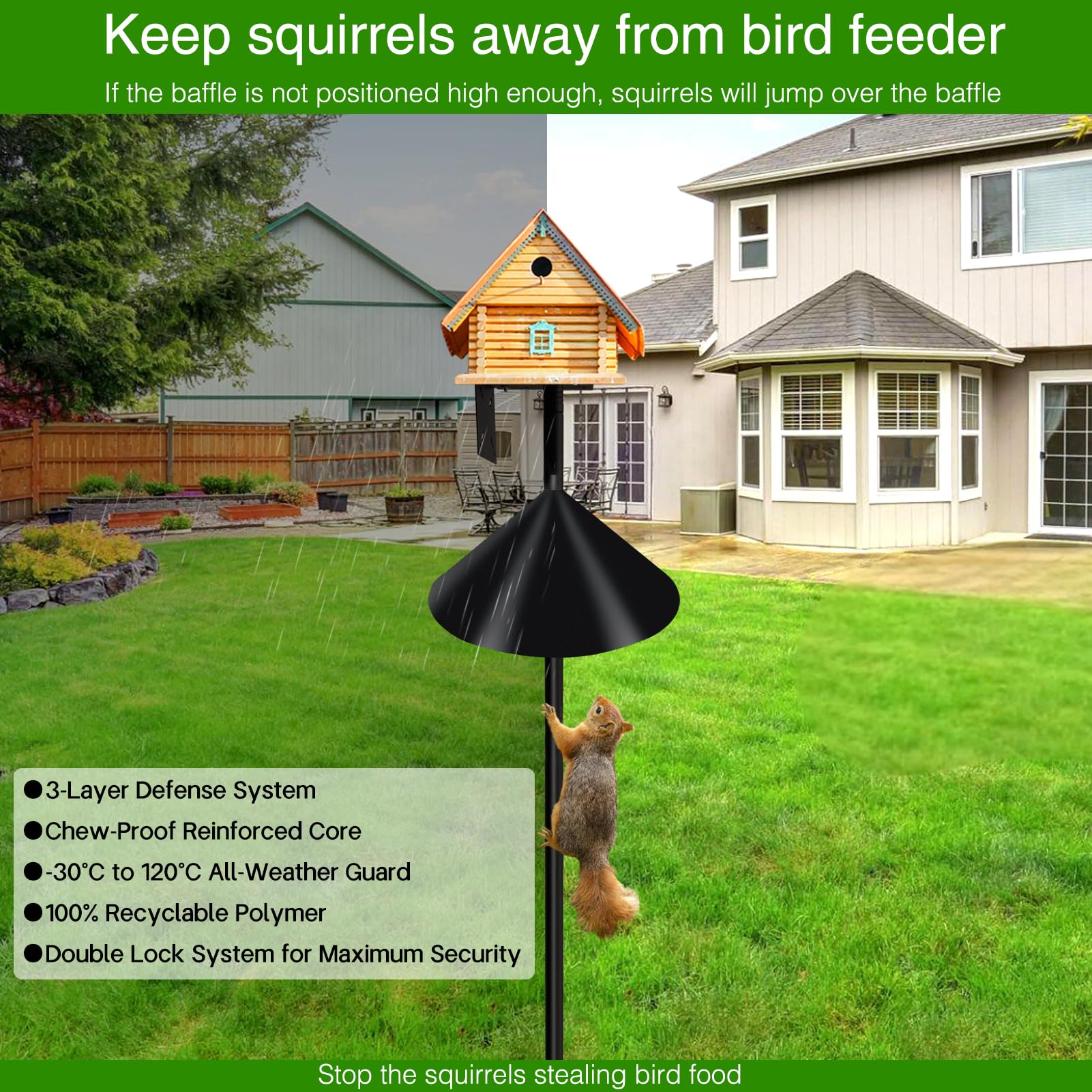 DreiPanda Wider Squirrel Baffle is compatible with various poles, shepherd hooks, and mounts.