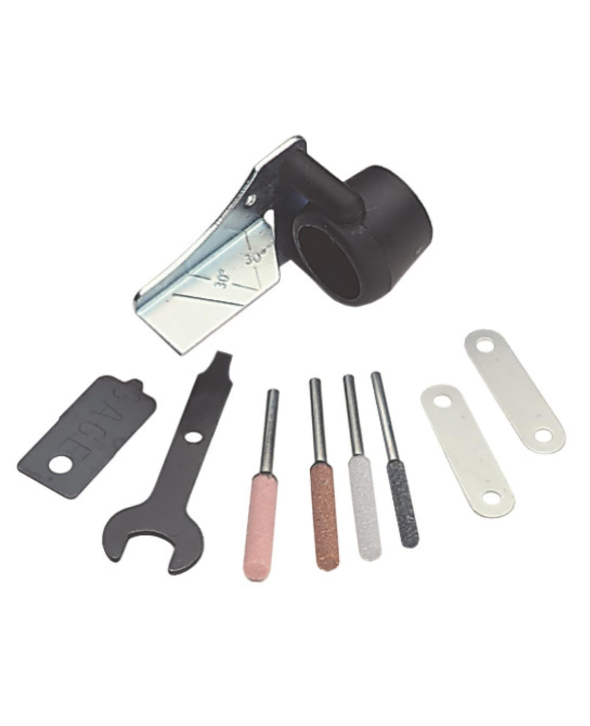 Dremel 1453 chainsaw sharpening angle guide attached for precise edge restoration