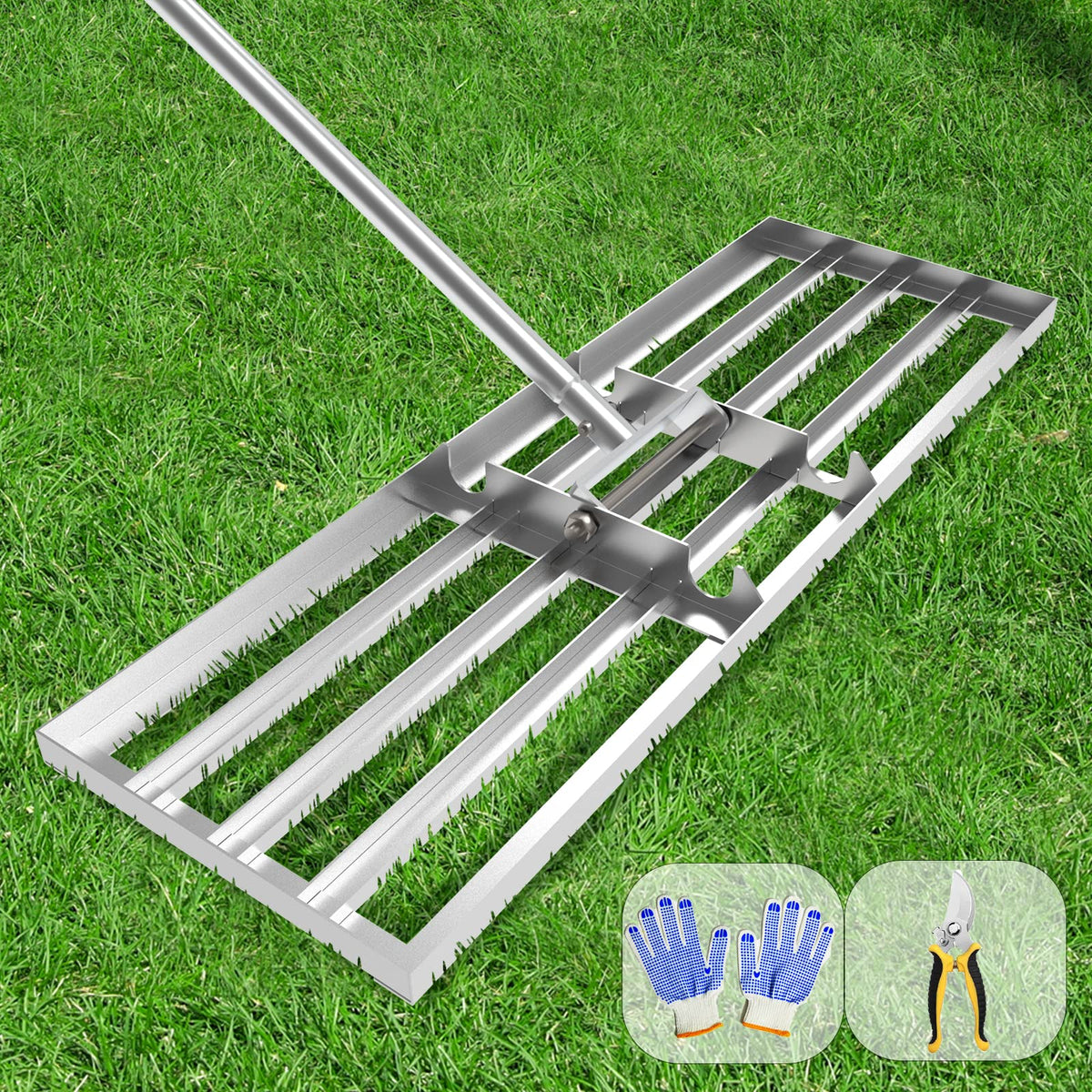Dremmt Lawn Leveling Rake with a 45-inch wide head smooths uneven turf for a pristine cut.