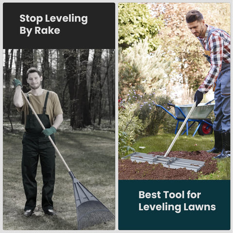 Dremmt Lawn Leveling Rake with a 72-inch handle for standing operation and efficiency.