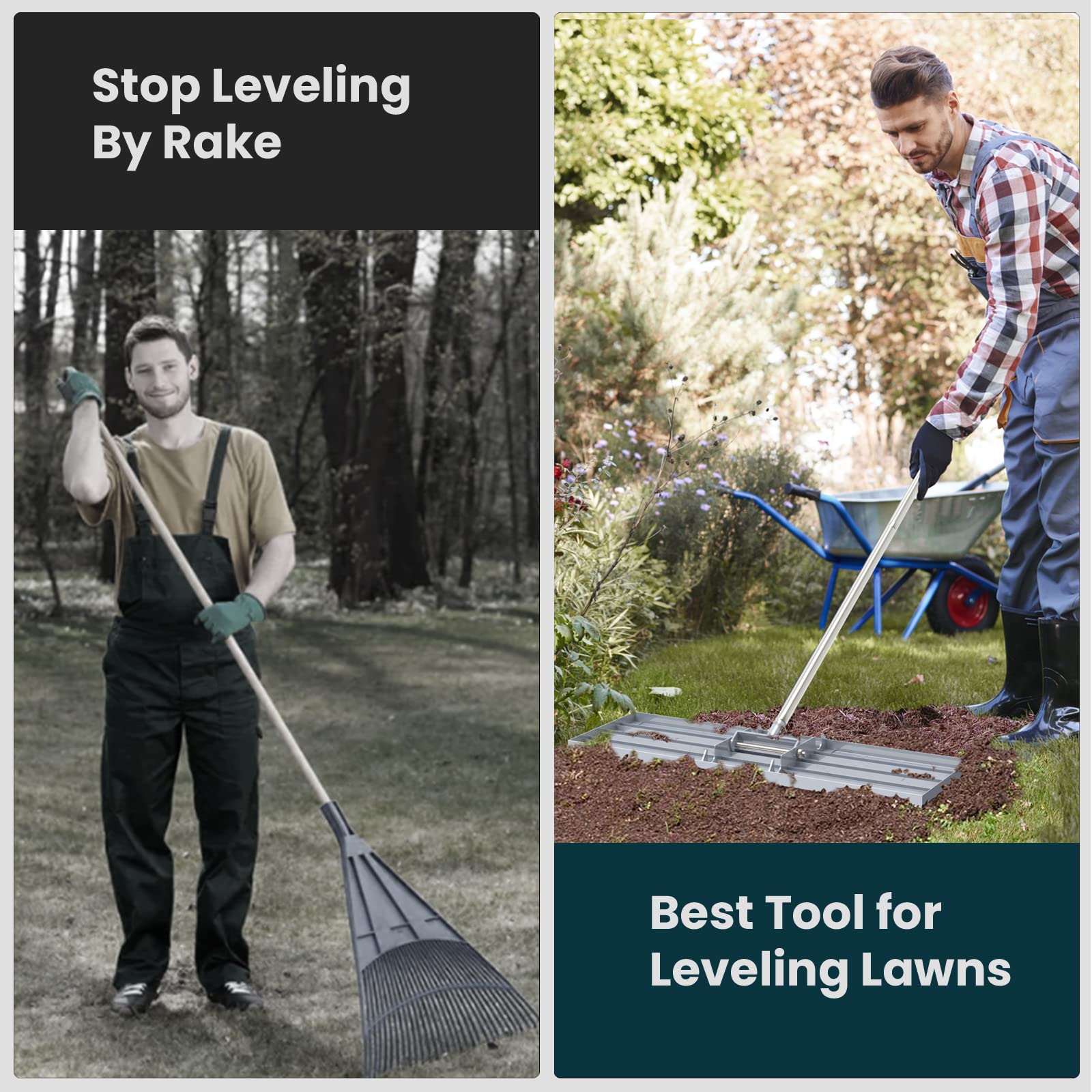 Dremmt Leveling Rake with a 72-inch handle enables upright use and reduces back strain.