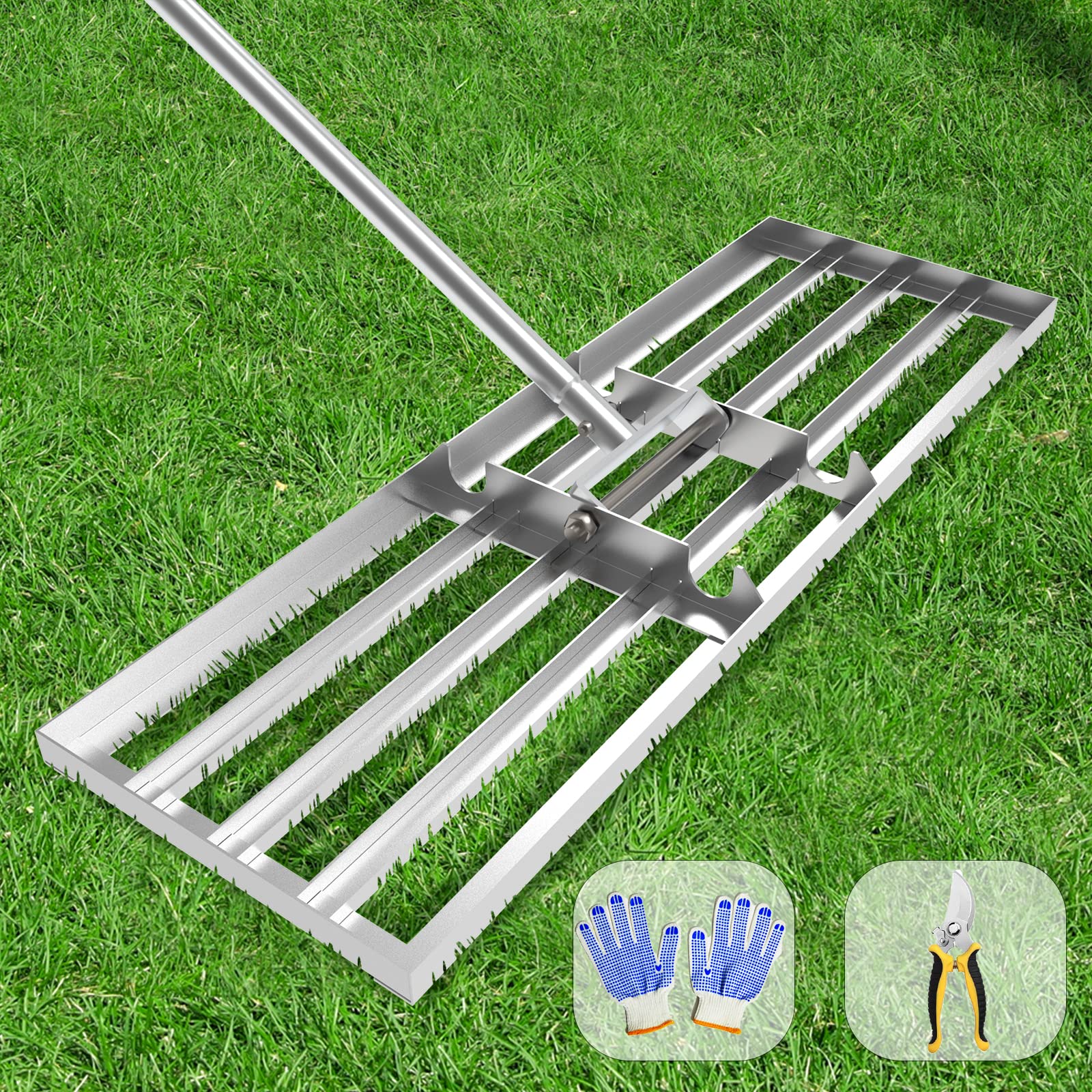 Dremmt Lawn Leveling Rake with 72-inch handle for upright, efficient lawn smoothing.
