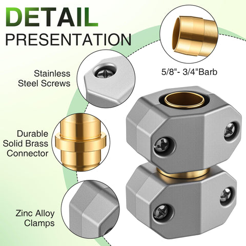 Aluminum body with brass connectors resists rust for long-lasting hose repair.