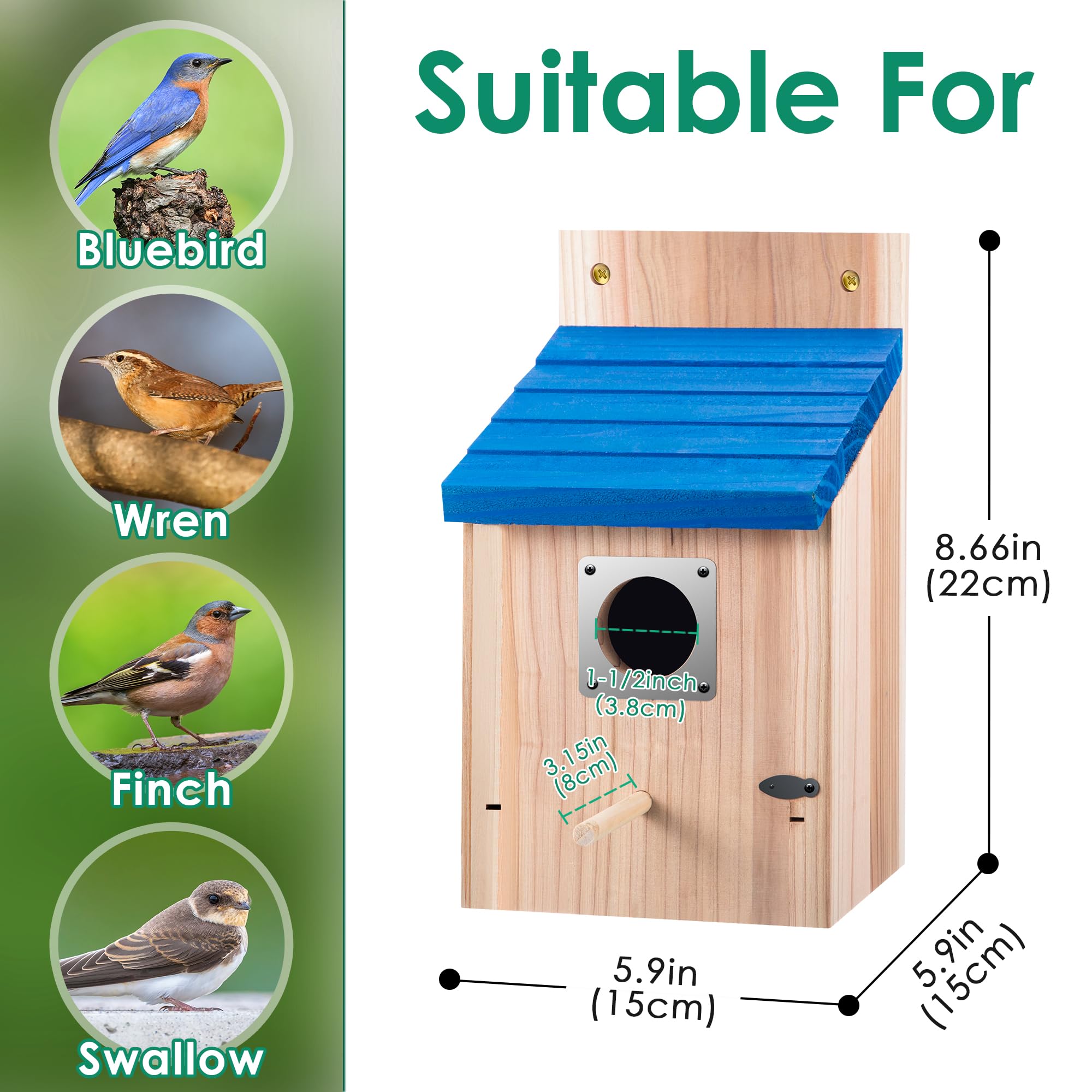 Dreyoo Cedar Bluebird Box entrance hole with metal guard for nest protection.
