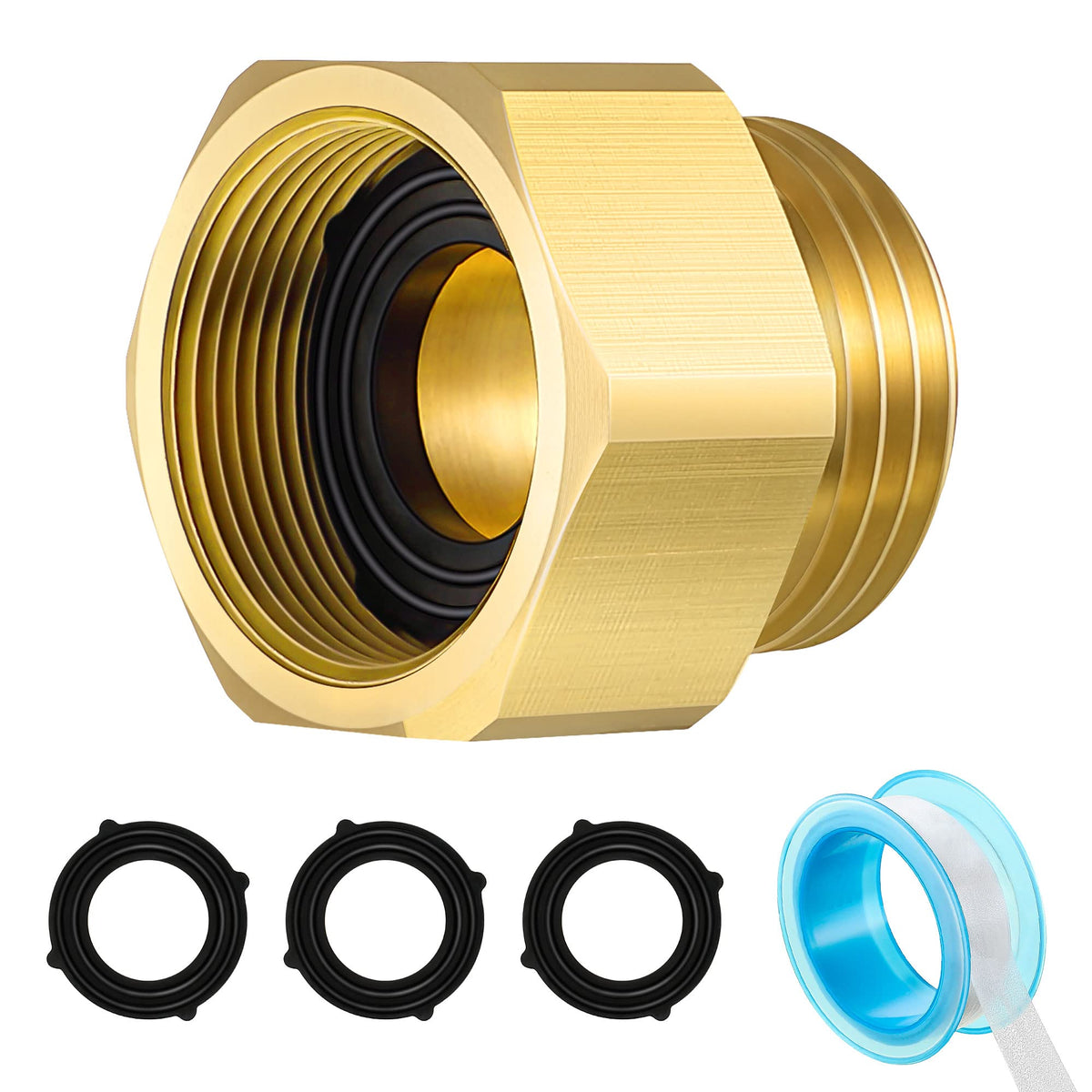Dreyoo brass hose bib adapter close-up highlighting rugged brass construction for outdoor use.