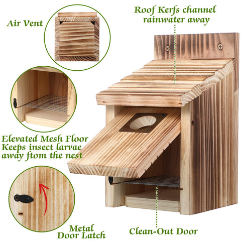 Dreyoo cedar bluebird box fledgling grooves provide gentle exit for young birds.