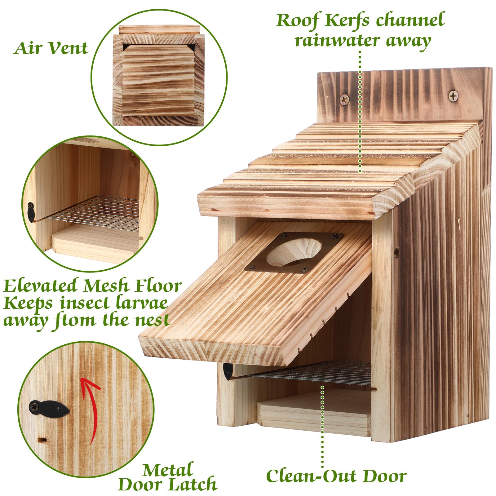 Dreyoo Cedar Bluebird Box front door open for easy cleaning