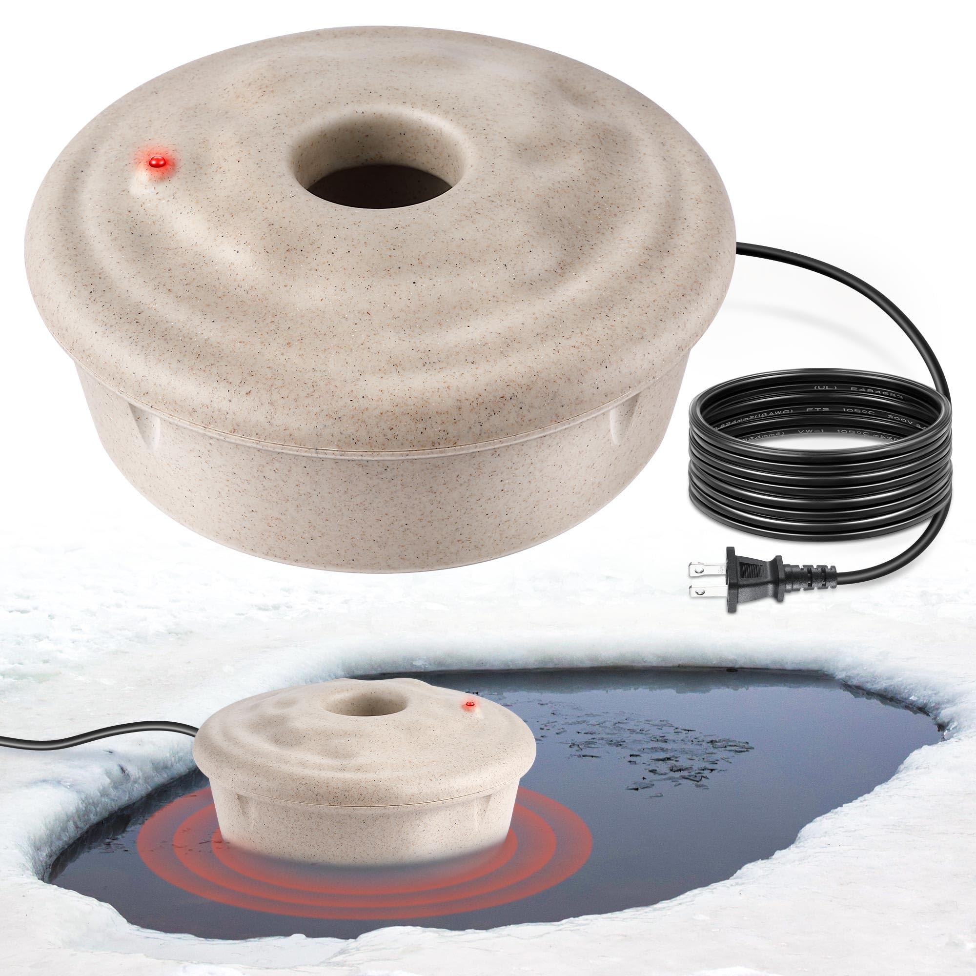 Dreyoo floating pond heater on water surface keeps an open ice vent for gas release.