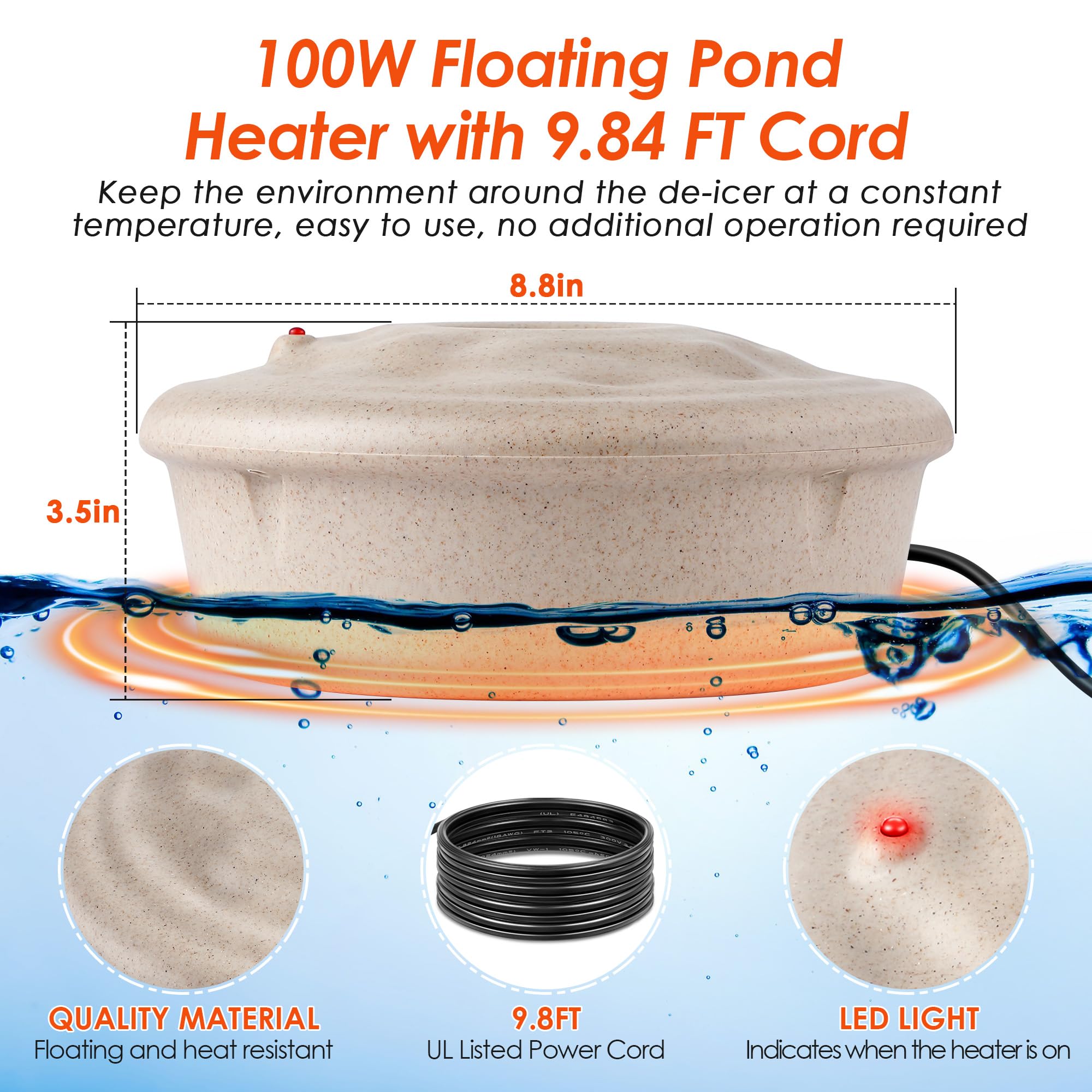 Dreyoo pond heater with 9.84-foot cord allows flexible, safe placement.
