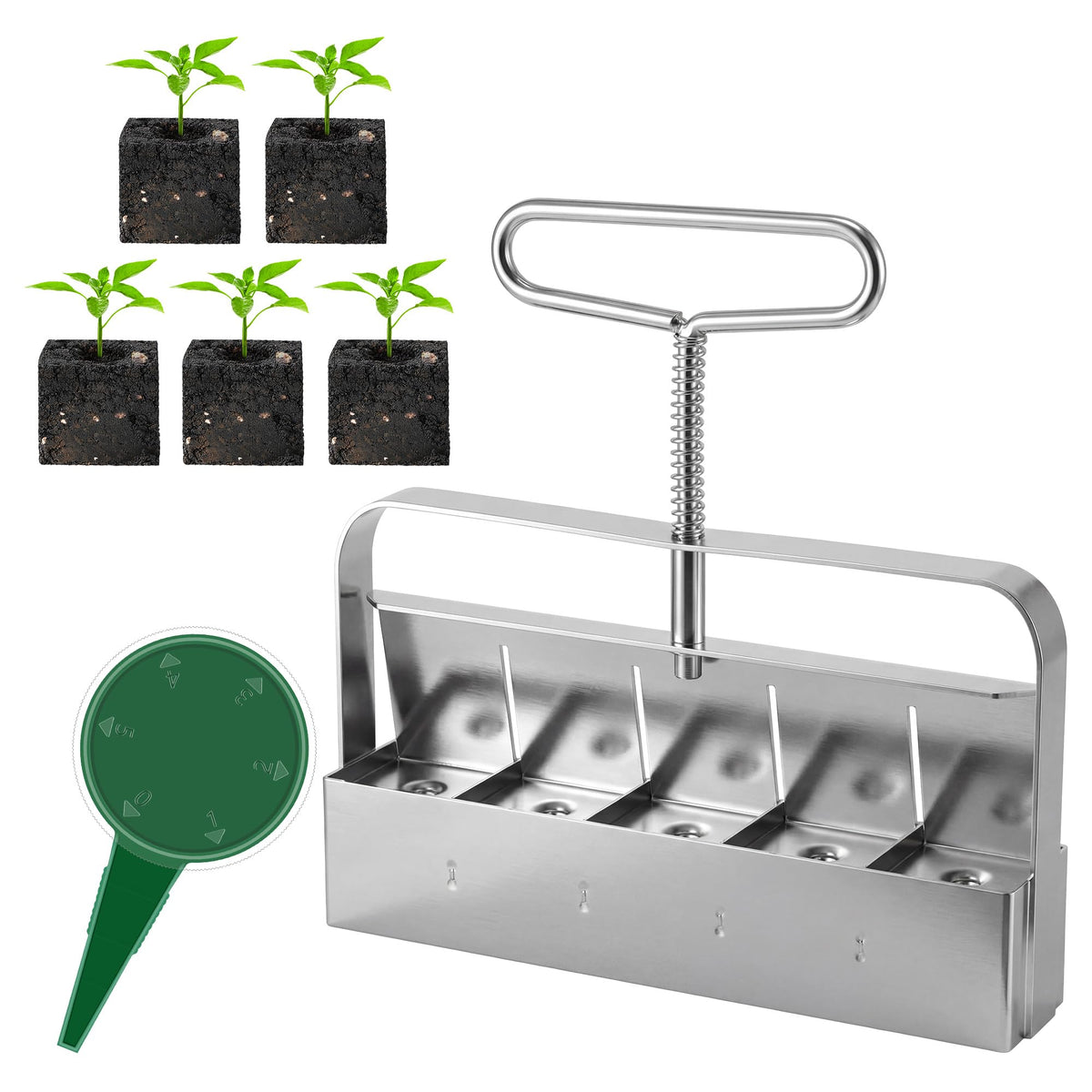 Dreyoo soil block maker handheld in action forming five seed blocks