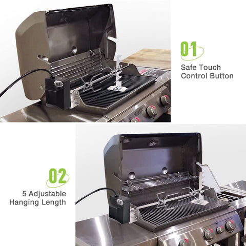 Dreyoo spit rod assembly showing adjustable length for different grills.