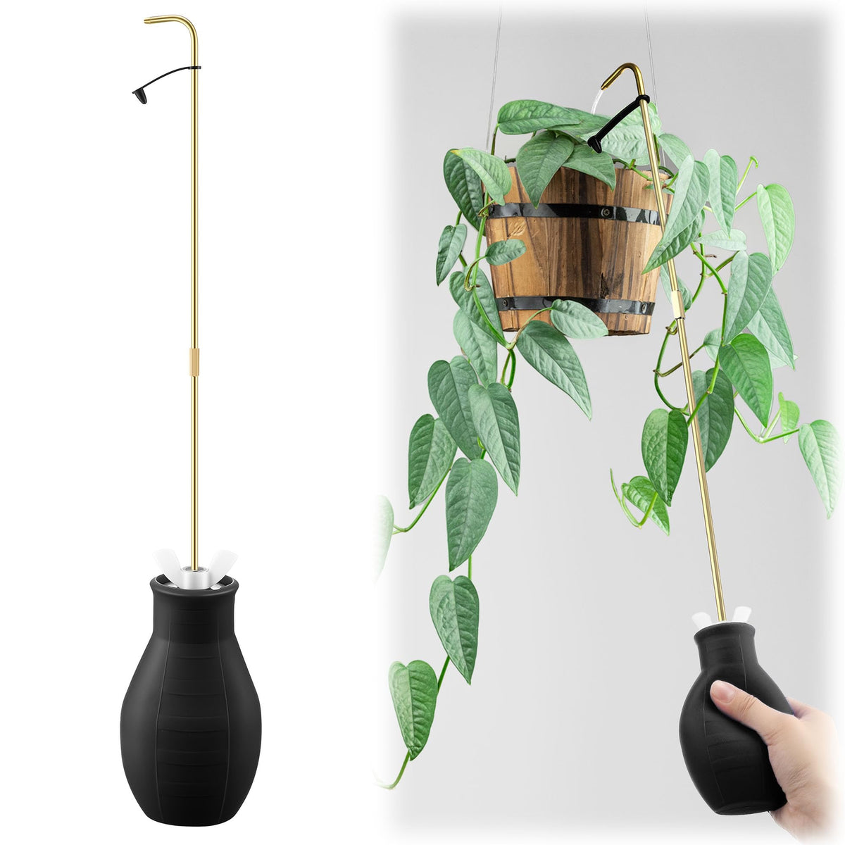 Dreyoo Squeeze Bottle with long spout reaching hanging baskets for precise watering.
