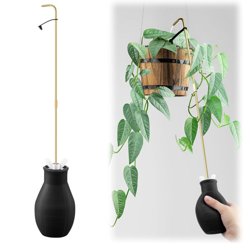 Dreyoo Squeeze Bottle with long spout reaching hanging baskets for precise watering.