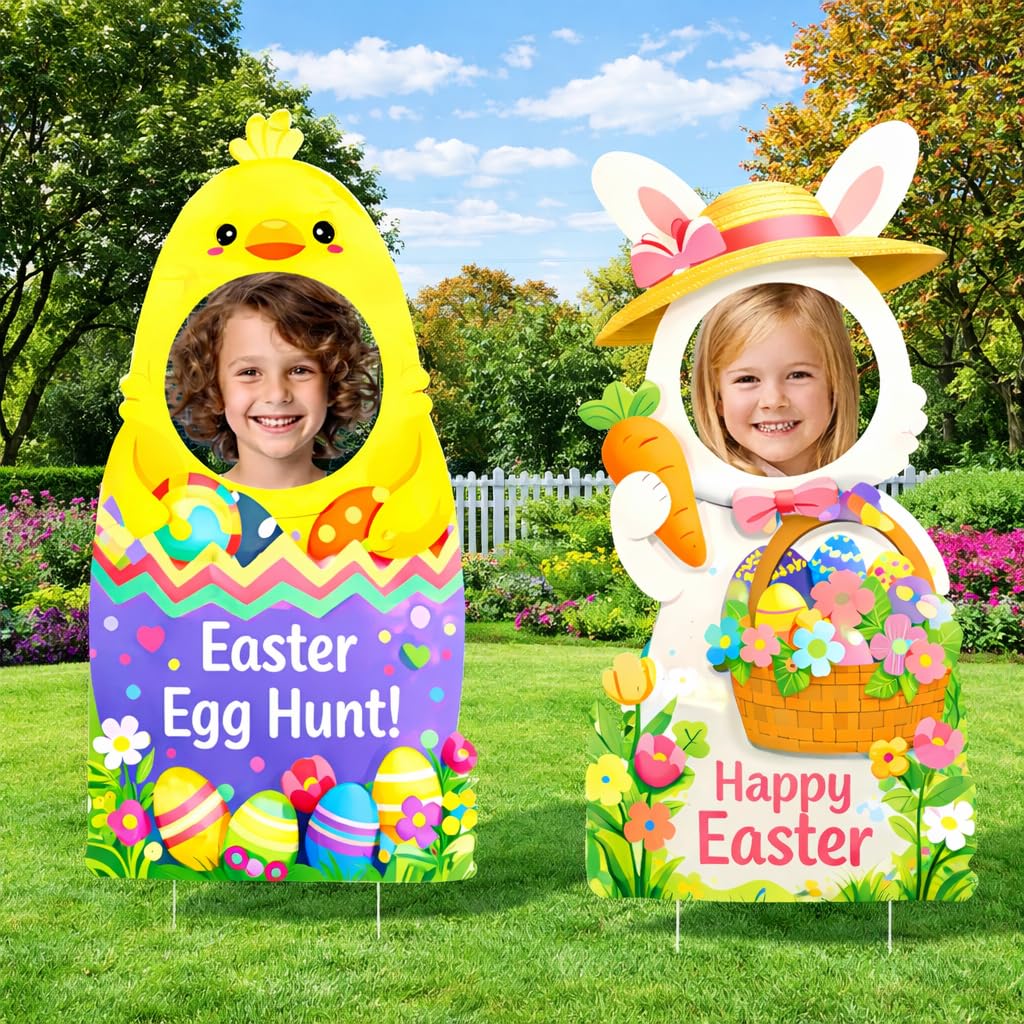 Drezimo Easter bunny yard sign in front yard for family photos.