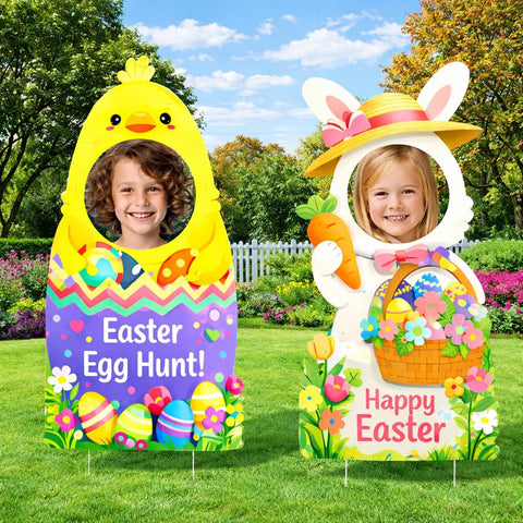 Drezimo Easter bunny yard sign in front yard for family photos.