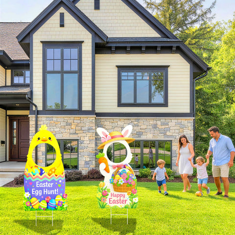 Drezimo yard sign creates a family photo backdrop in a garden setting.