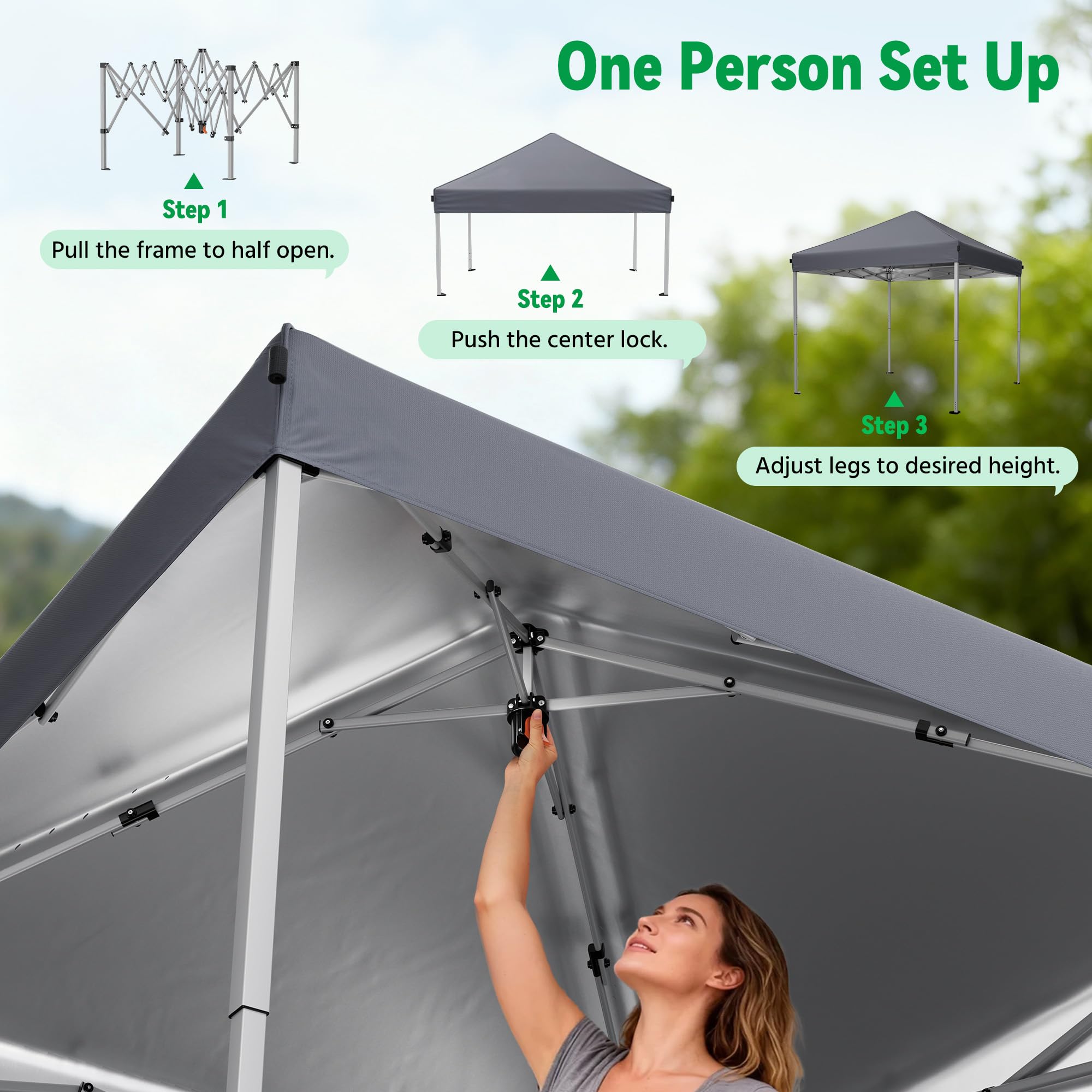 Driftalia pop-up tent shade area shows expansive 100 sq ft coverage.