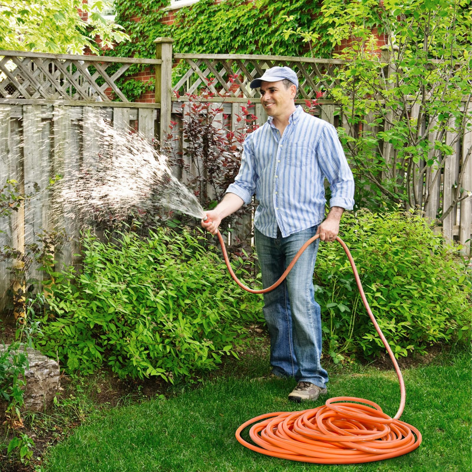 DRINCOSH Garden Hose 50ft with rotating handle demonstrates kink-free watering.