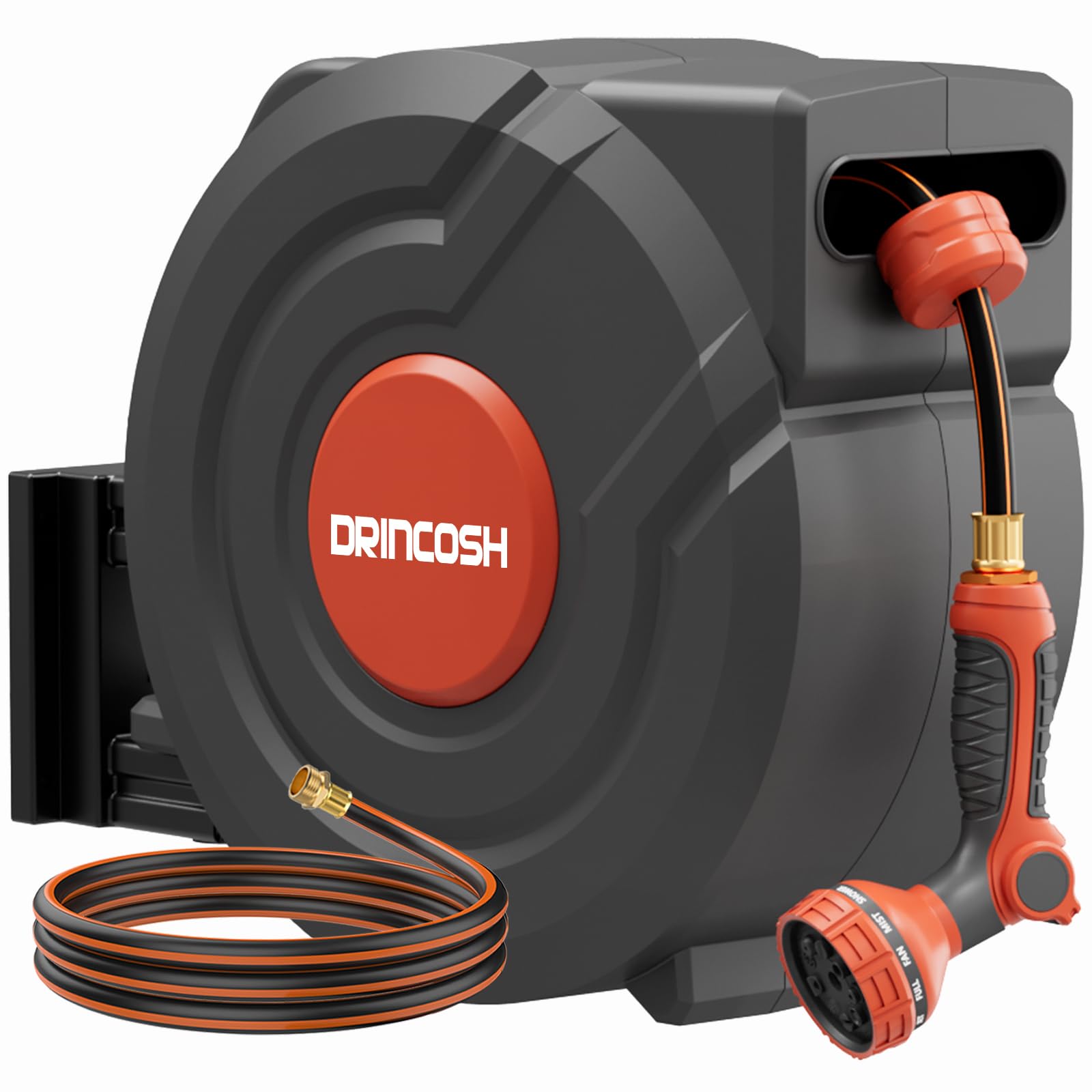 DRINCOSH retractable hose reel 130ft in use for broad yard coverage and tidy storage