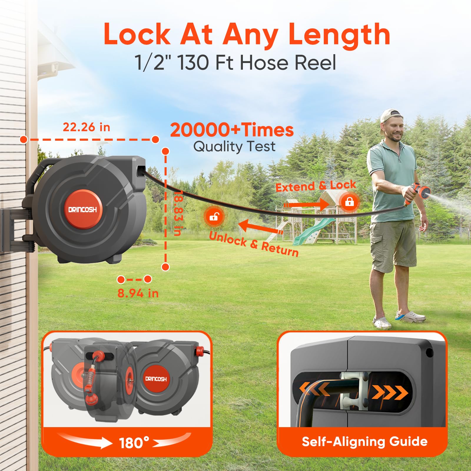 DRINCOSH wall-mount bracket with 180° swivel enabling flexible watering angles