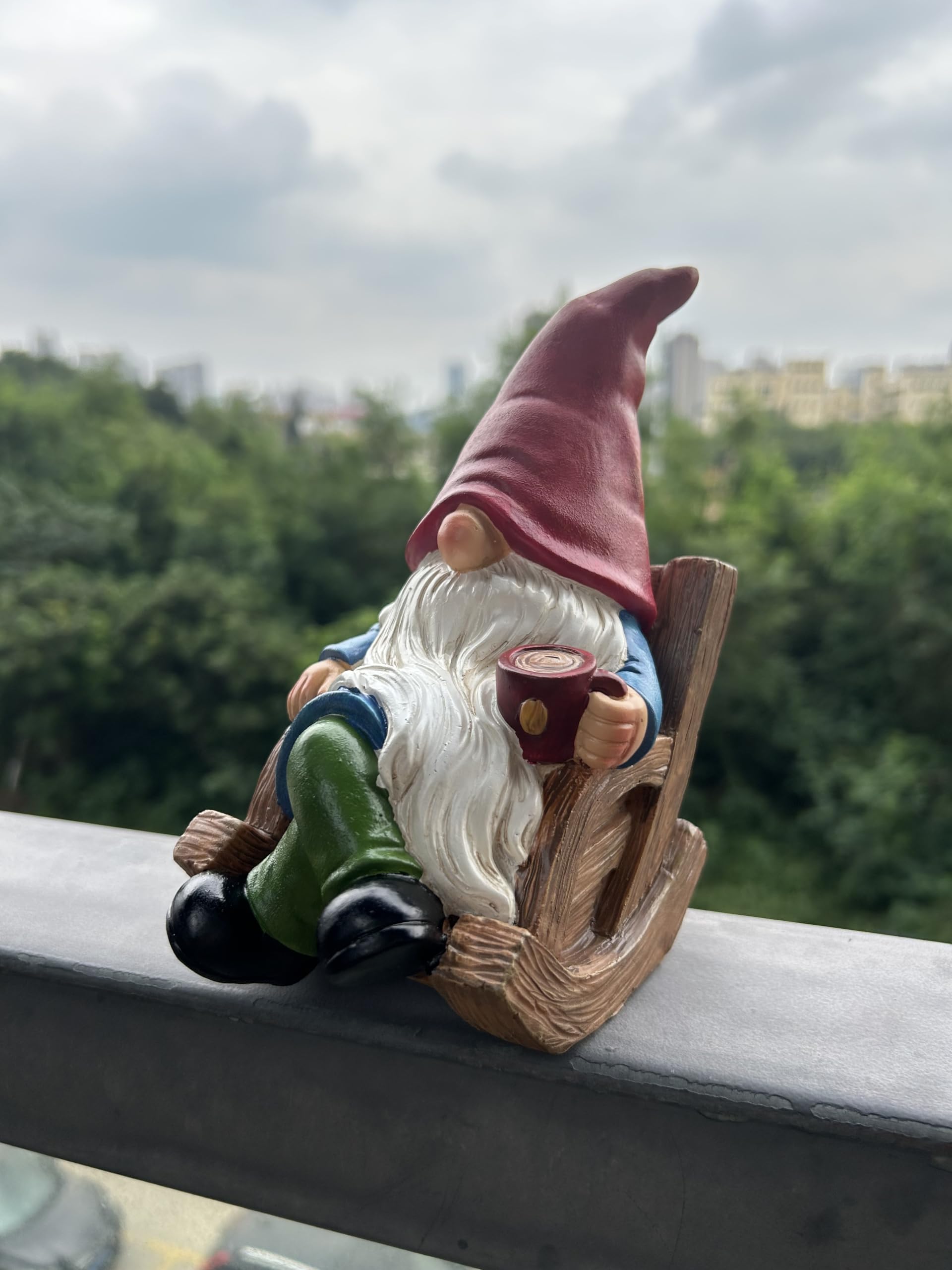 Drinking Coffee Gnome statue decoration adds whimsical accents.