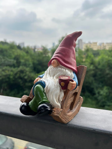 Drinking Coffee Gnome statue decoration adds whimsical accents.