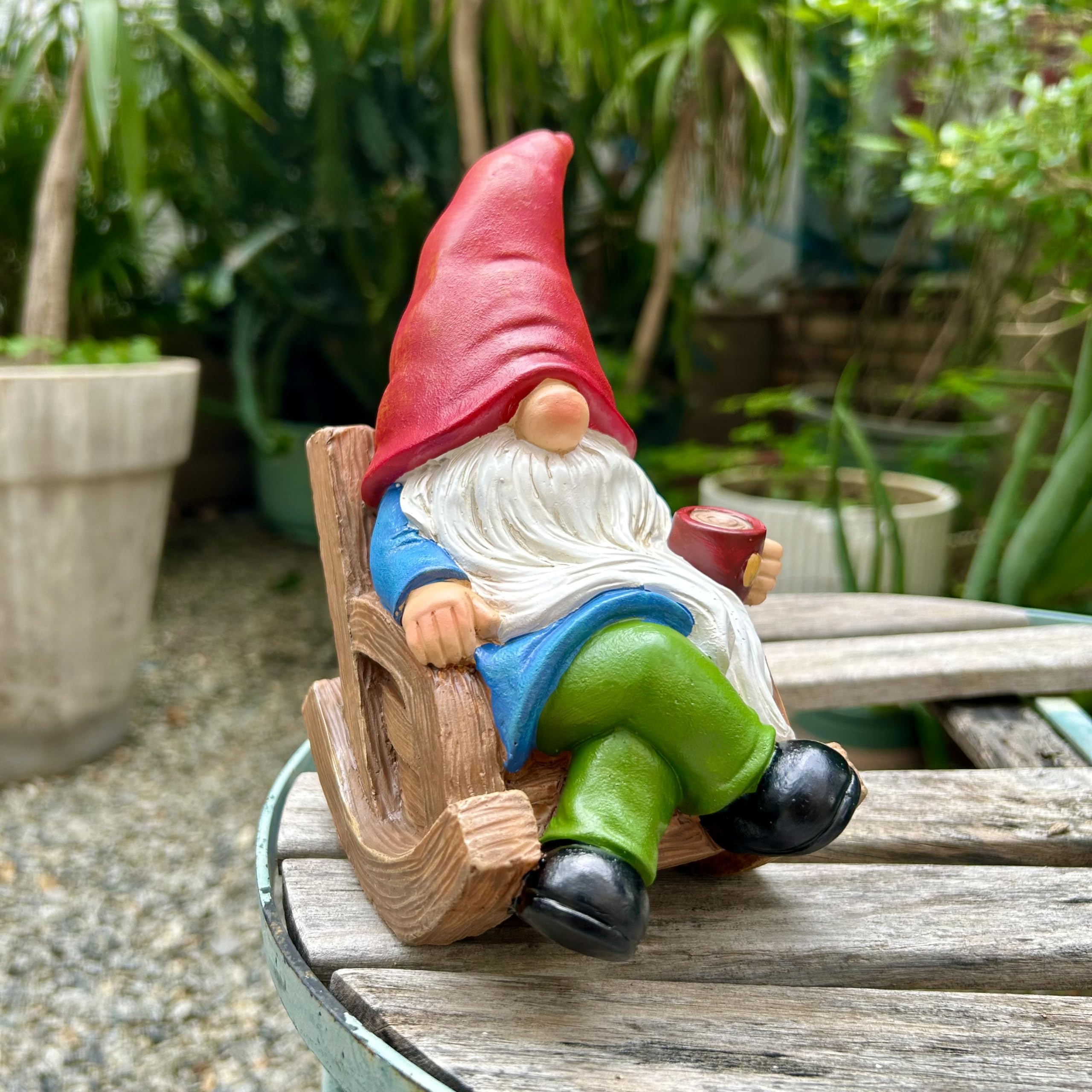 Drinking Coffee Gnome statue on garden path adds whimsical curb appeal.