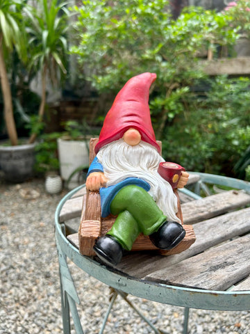 Drinking Coffee Gnome statue cute focal point for entryways.