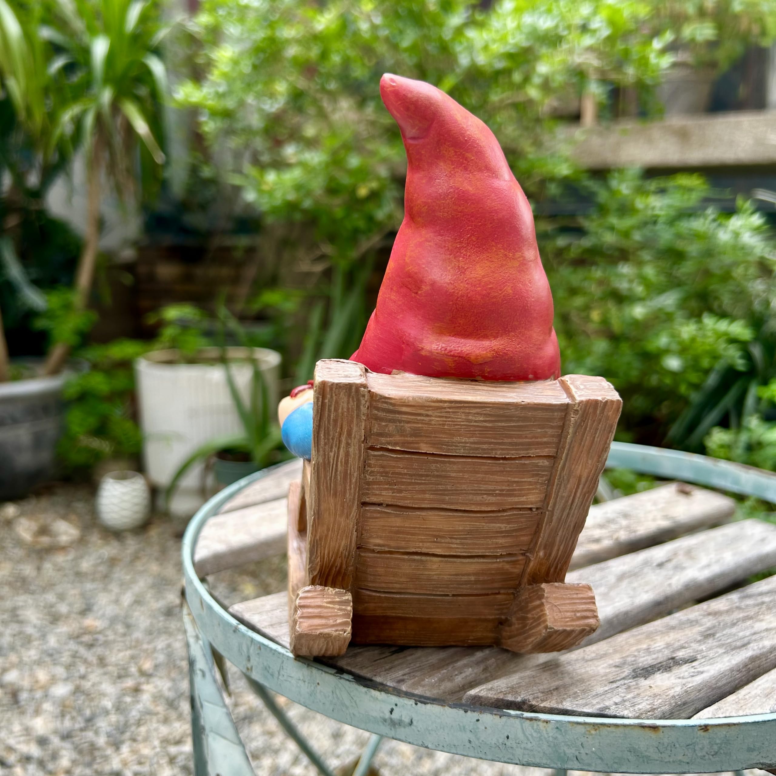 Drinking Coffee Gnome statue weather-friendly decor for outdoors.