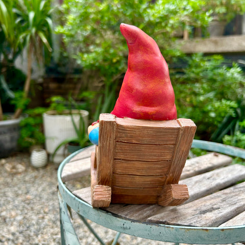 Drinking Coffee Gnome statue weather-friendly decor for outdoors.