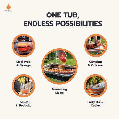 Drip EZ Collapsible BBQ Prep Tub XL for long-term use; BPA-free and dishwasher safe.