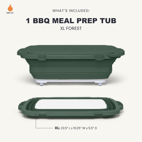 Drip EZ Collapsible BBQ Prep Tub XL with built-in cutting board for efficient prep.