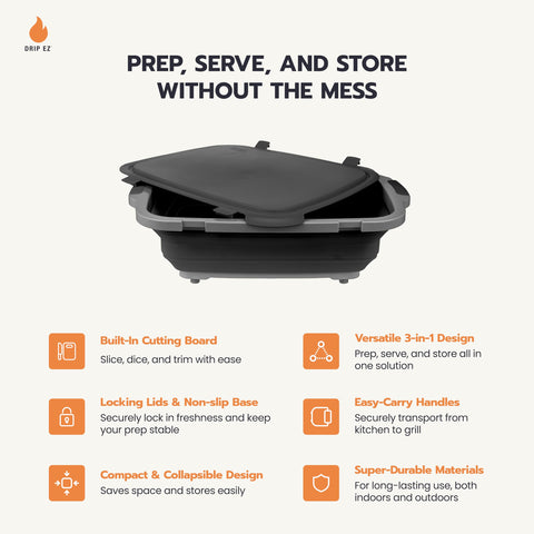 Drip EZ Collapsible BBQ Prep Tub XL with locking lid for secure transport.