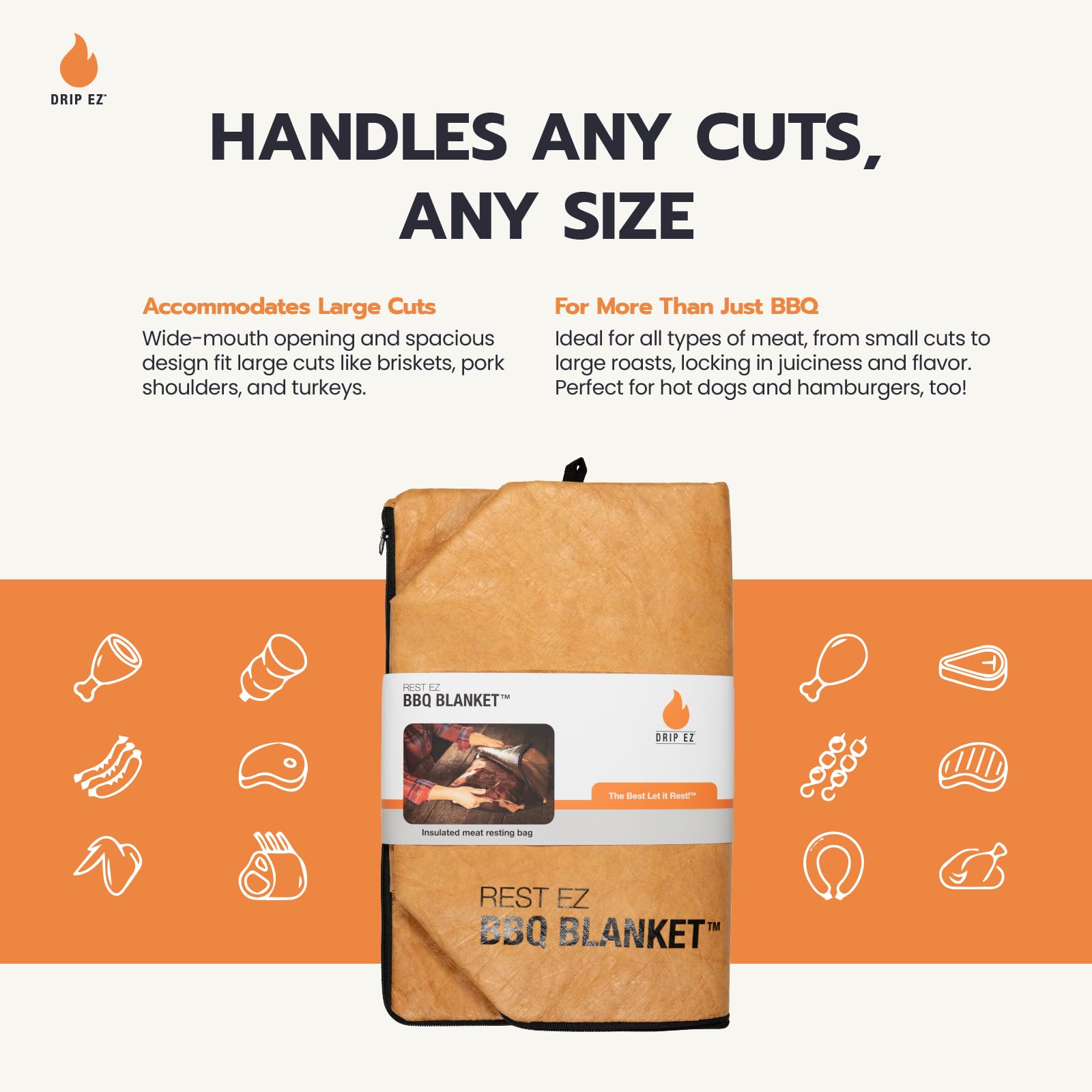Drip EZ Rest EZ BBQ Blanket heavy-duty zipper ensures secure closure on large meats
