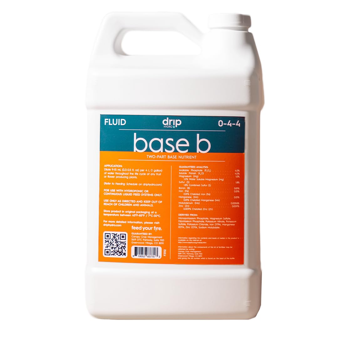 DRIP HYDRO Base B gallon measurement drops emphasize precise dilution.