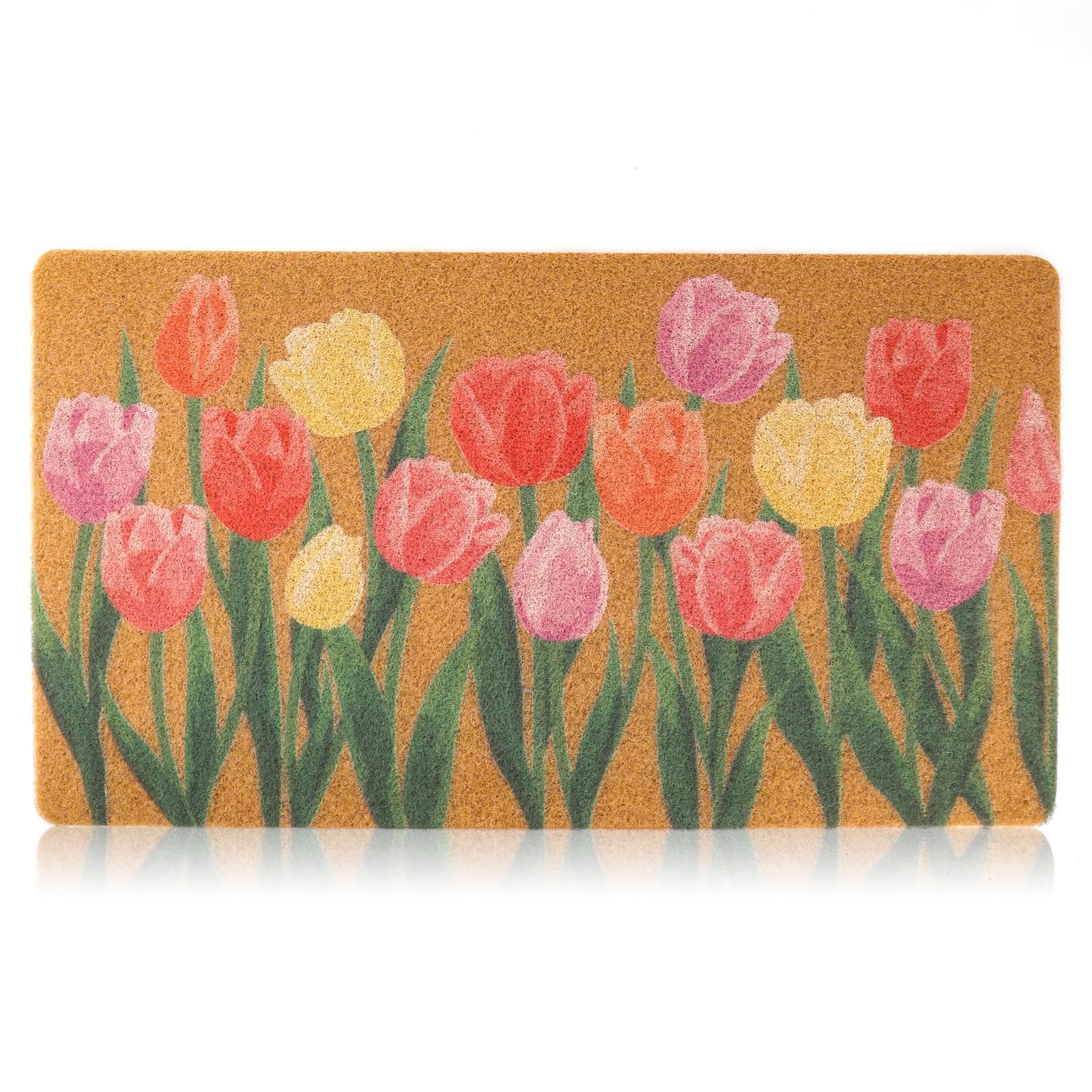 Dripykiaa spring coir doormat with tulip floral design brightens entryway and welcomes guests.