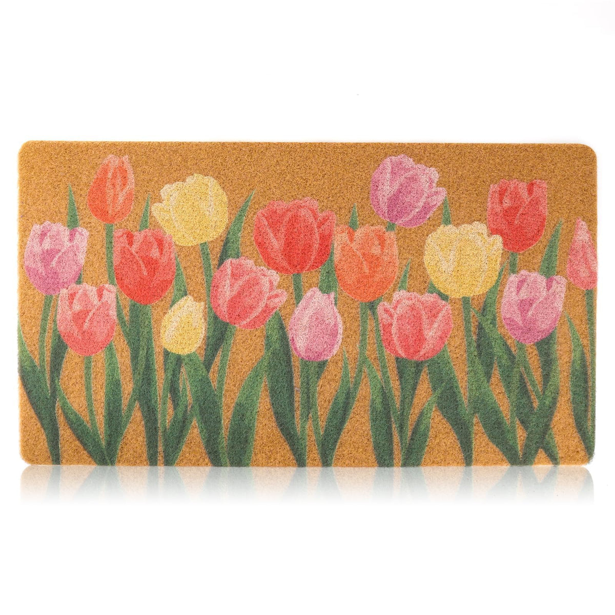 Dripykiaa spring coir doormat with tulip floral design brightens entryway and welcomes guests.