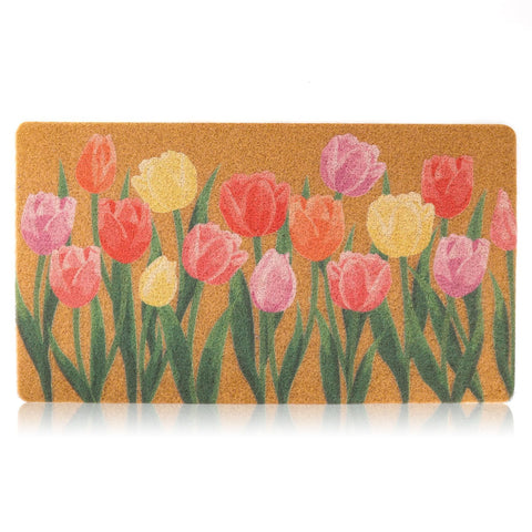 Dripykiaa spring coir doormat with tulip floral design brightens entryway and welcomes guests.