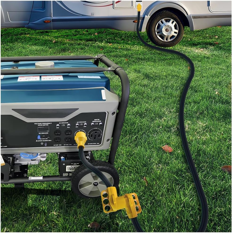 DRM L14-30P to 14-50R adapter in use on generator enables RV charging