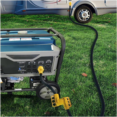 DRM L14-30P to 14-50R adapter in use on generator enables RV charging