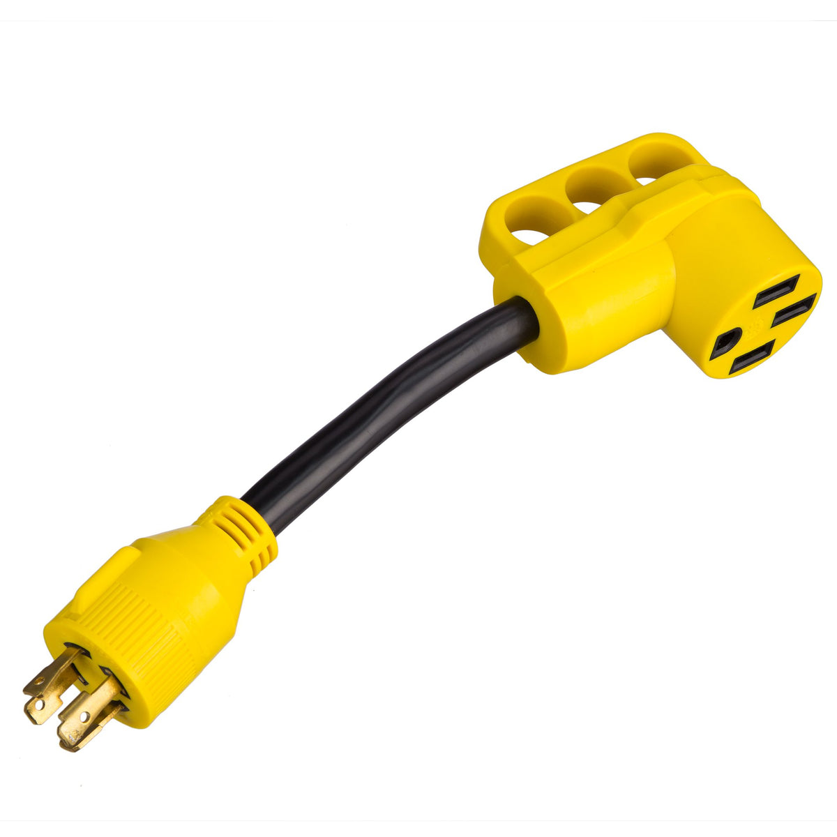 DRM NEMA L14-30P to 14-50R adapter side view shows rugged locking power connection for RVs