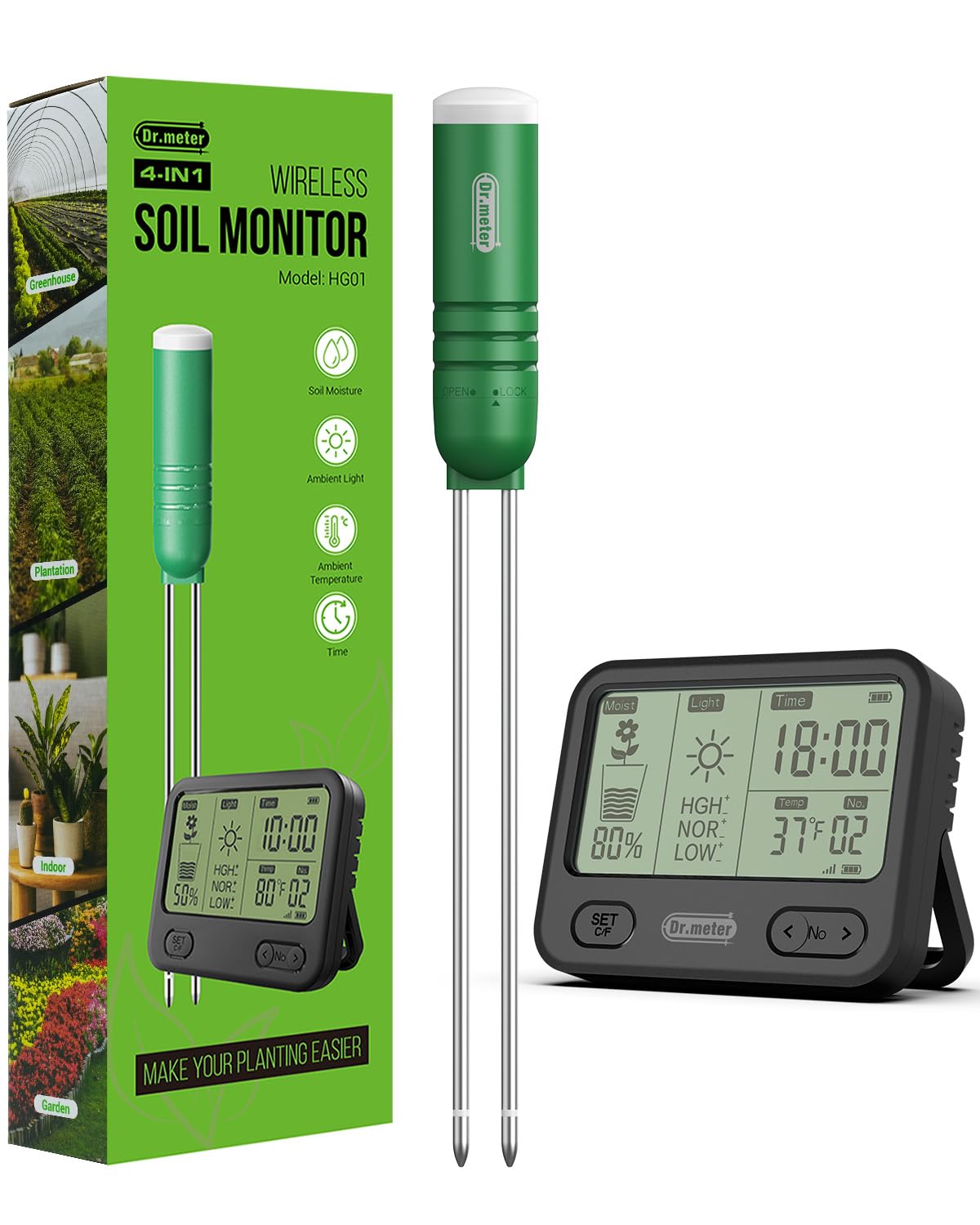 Dr.meter 4in1 soil moisture meter display with ambient readings