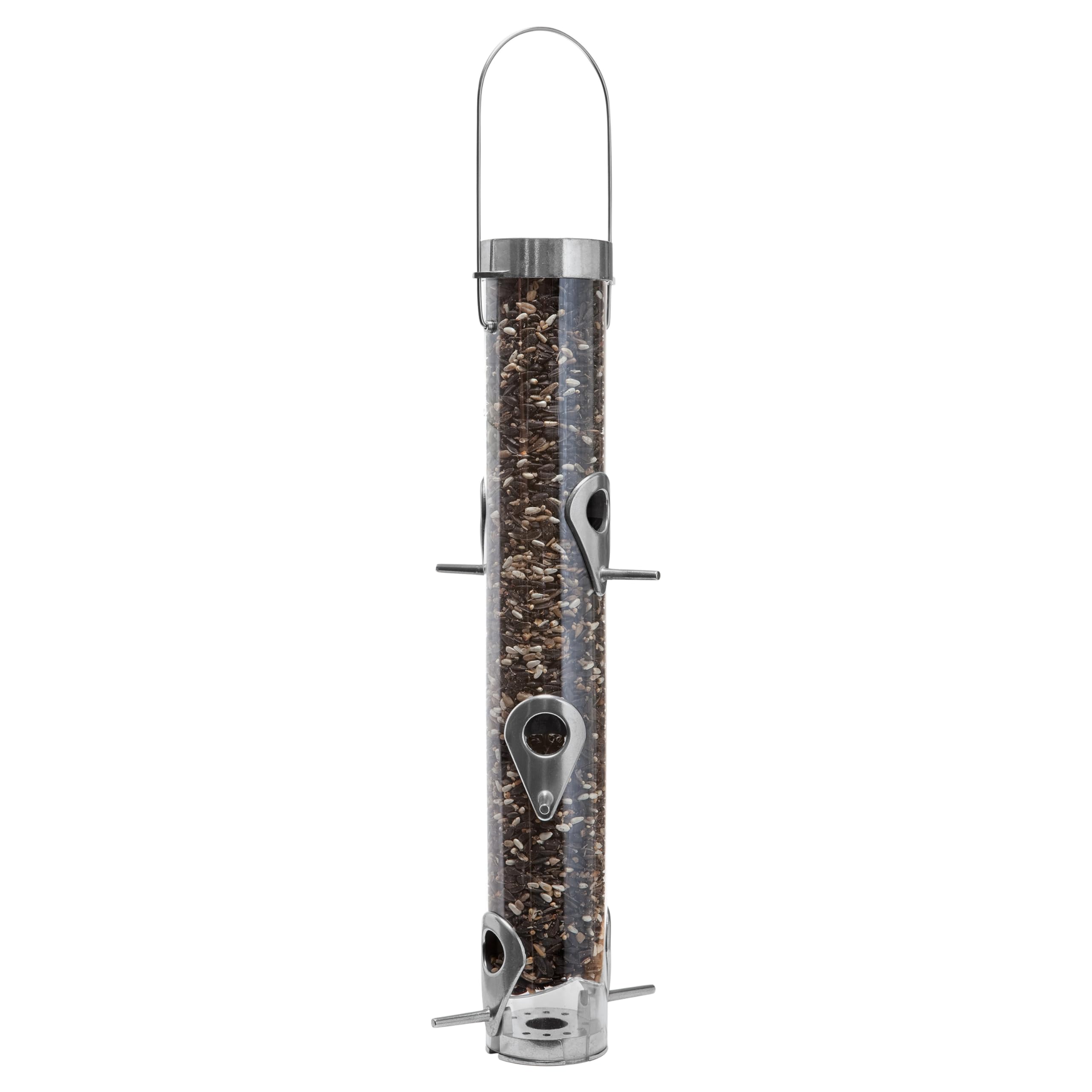 Droll Yankees Classic feeder front view showing six feeding ports for multiple birds.