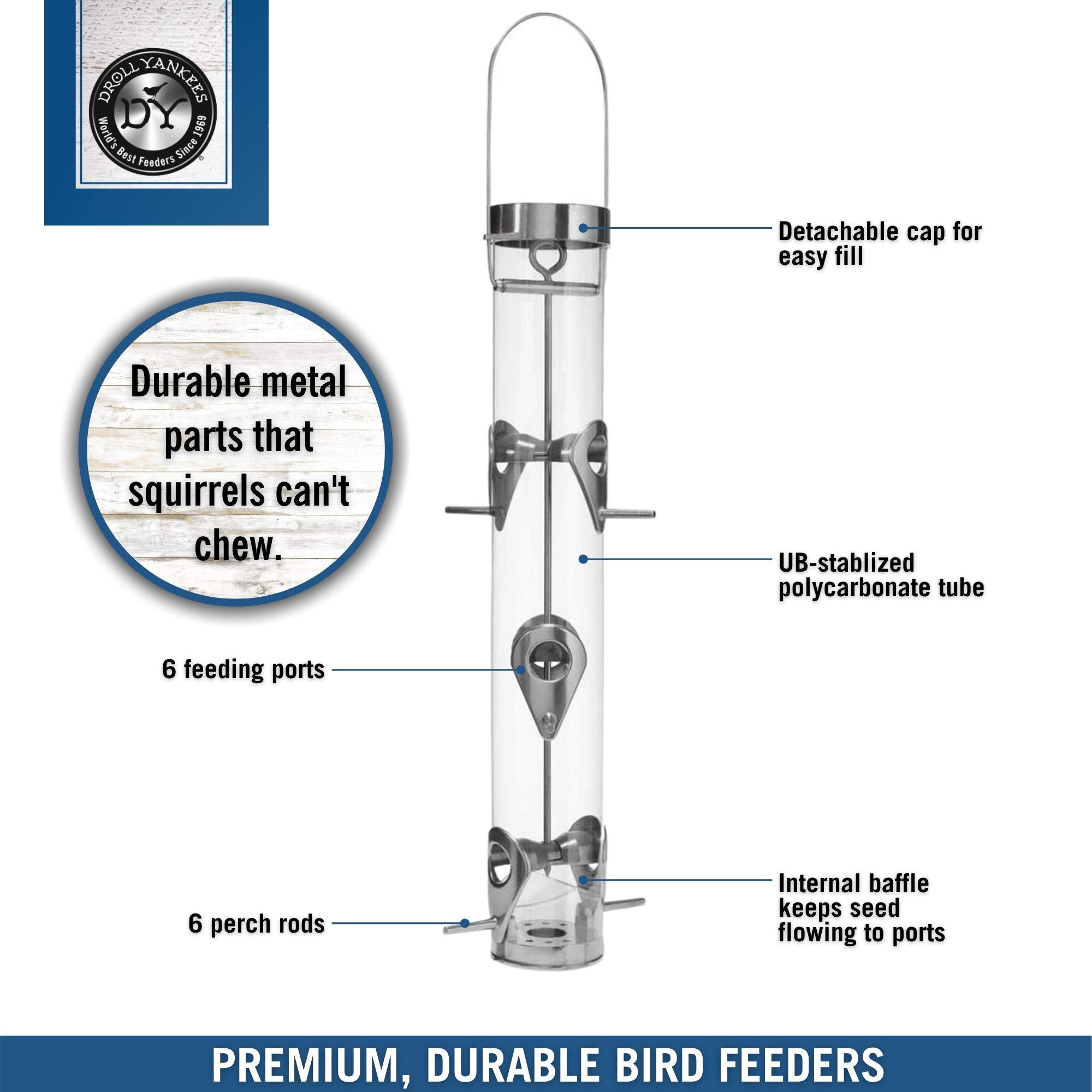 Droll Yankees Classic squirrel-deterrent design keeps perches safe and birds undisturbed.