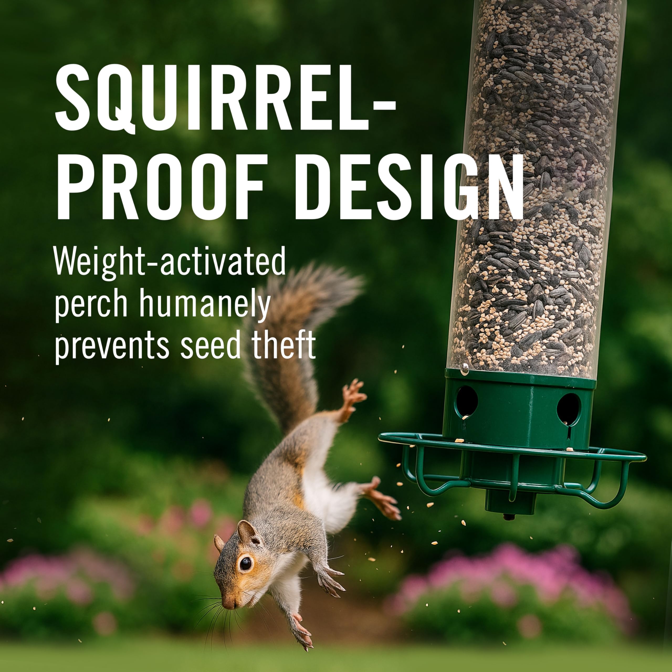 Droll Yankees Flipper seed-chamber highlights five-pound capacity for busy yard birds.
