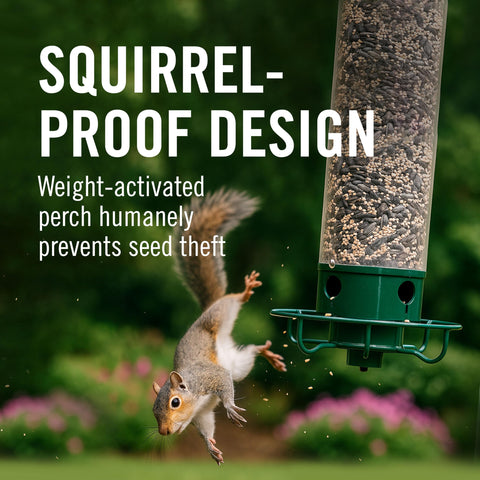 Droll Yankees Flipper seed-chamber highlights five-pound capacity for busy yard birds.