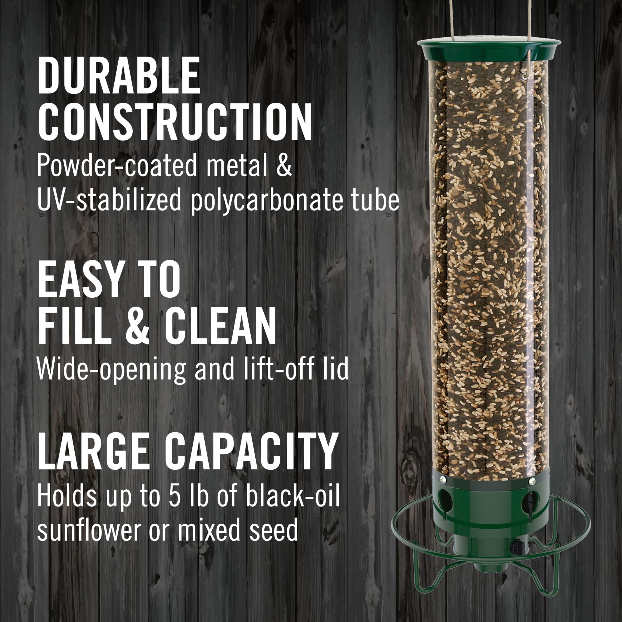 Droll Yankees Flipper seed-reservoir features long reservoir to minimize refilling.