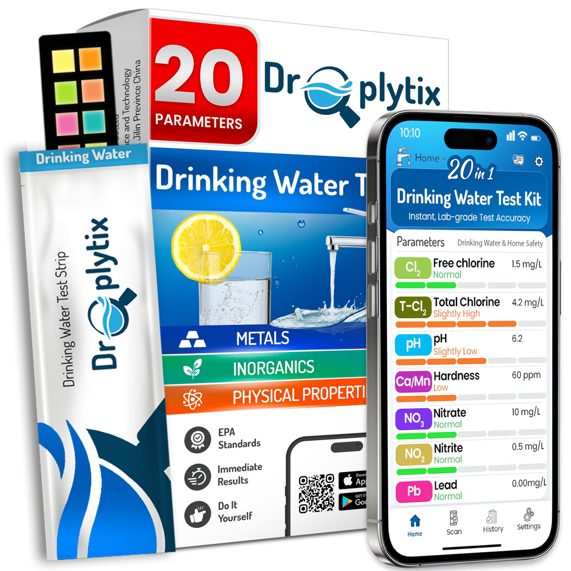 Droplytix 20-in-1 water test kit front view for quick home water analysis.