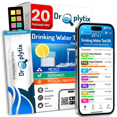 Droplytix 20-in-1 water test kit front view for quick home water analysis.