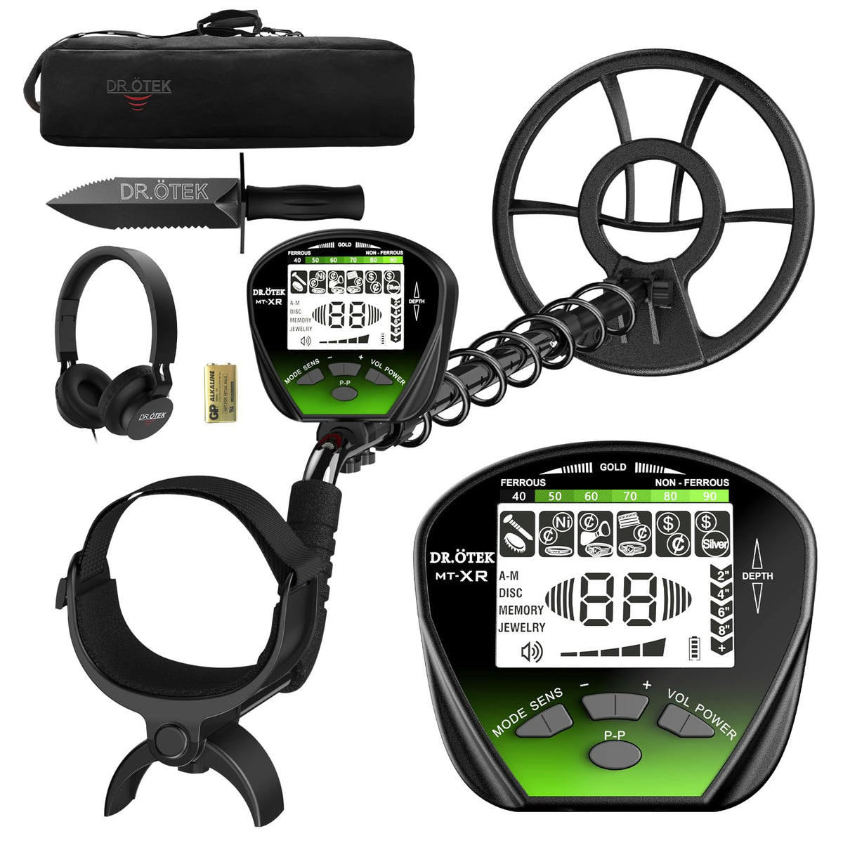 DR.ÖTEK metal detector with 10-inch coil for deeper beach finds.